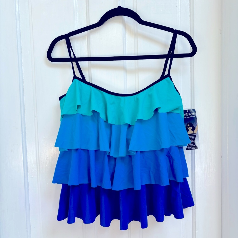 NWT BLUE AND BLACK SLIM SHAPER TANKINI RUFFLE TIERED SWIMSUIT TOP WOMENS SIZE 12